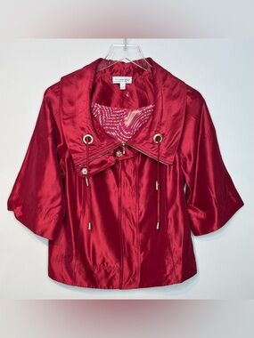 St. John Burgundy Wine Red Taffeta Shiny Drawstring Collar Jacket
